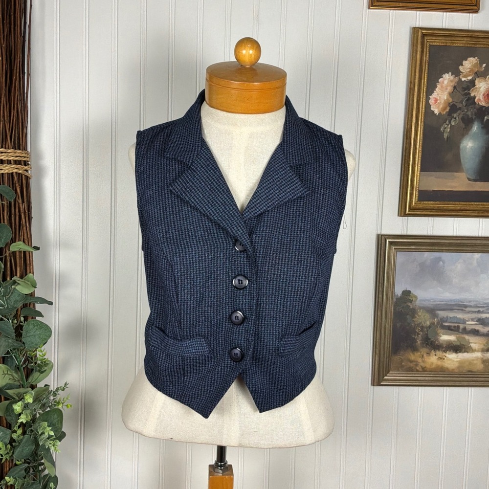 Vintage 90s All That Jazz Women's 11/12 Houndstooth Vest Waistcoat Blue Black